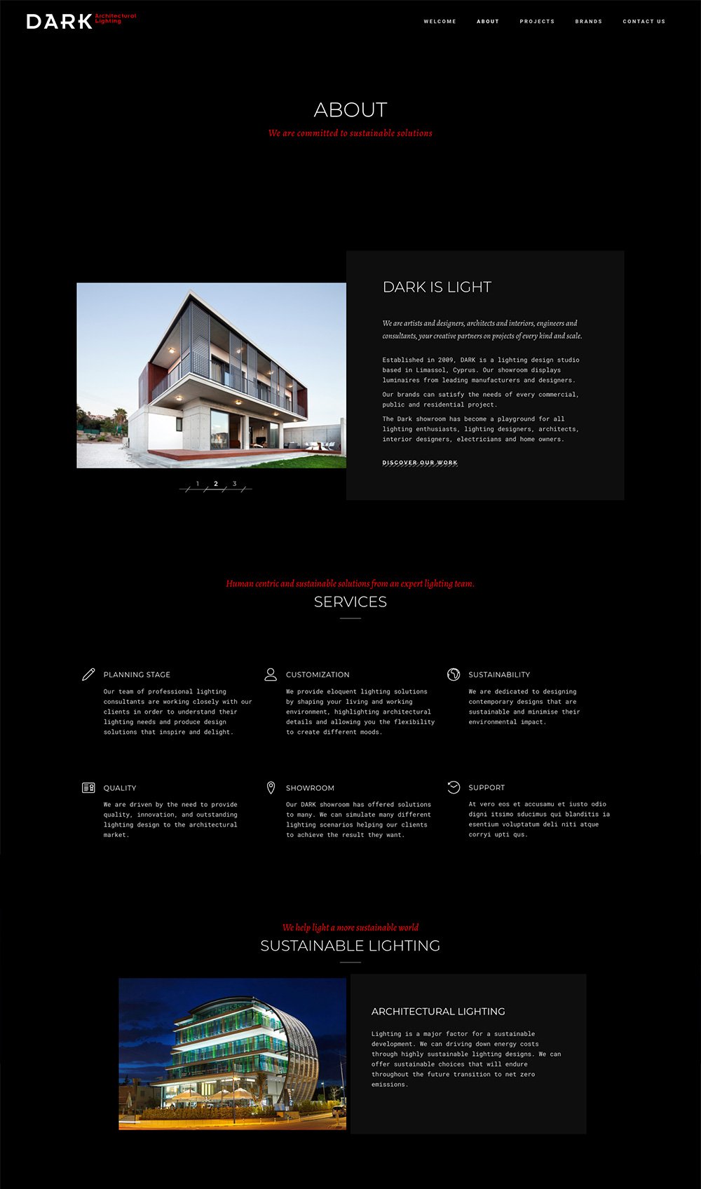 Dark Architectural Lighting / about page web design