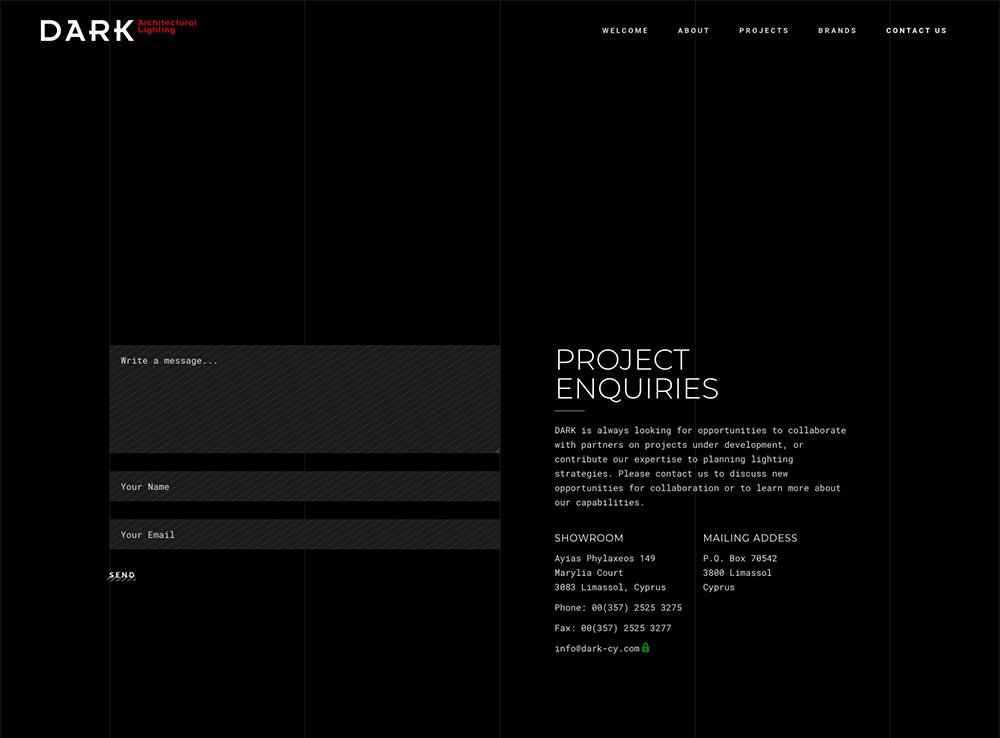 Dark Architectural Lighting / contact page web design
